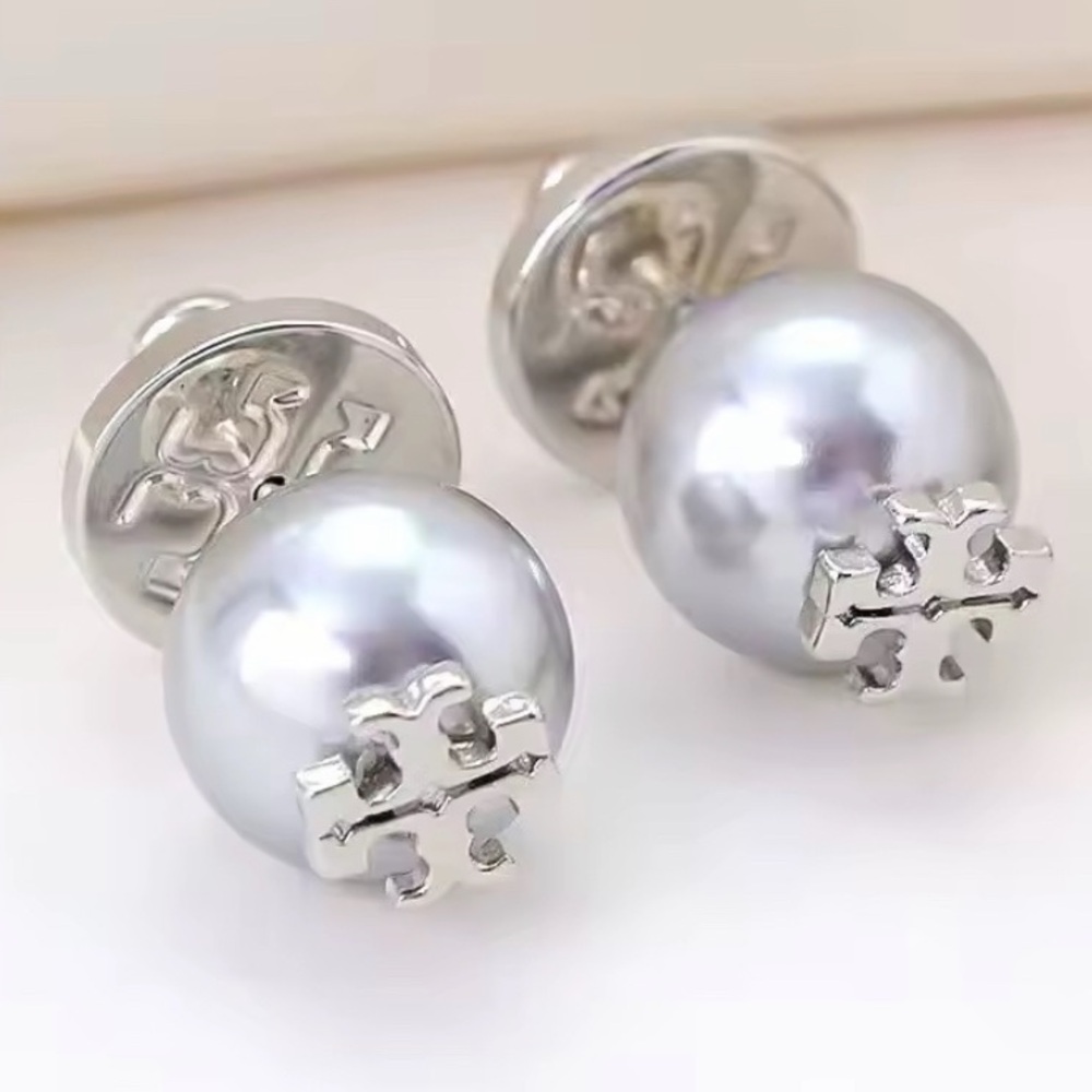 Tory Burch silver logo pearl earrings